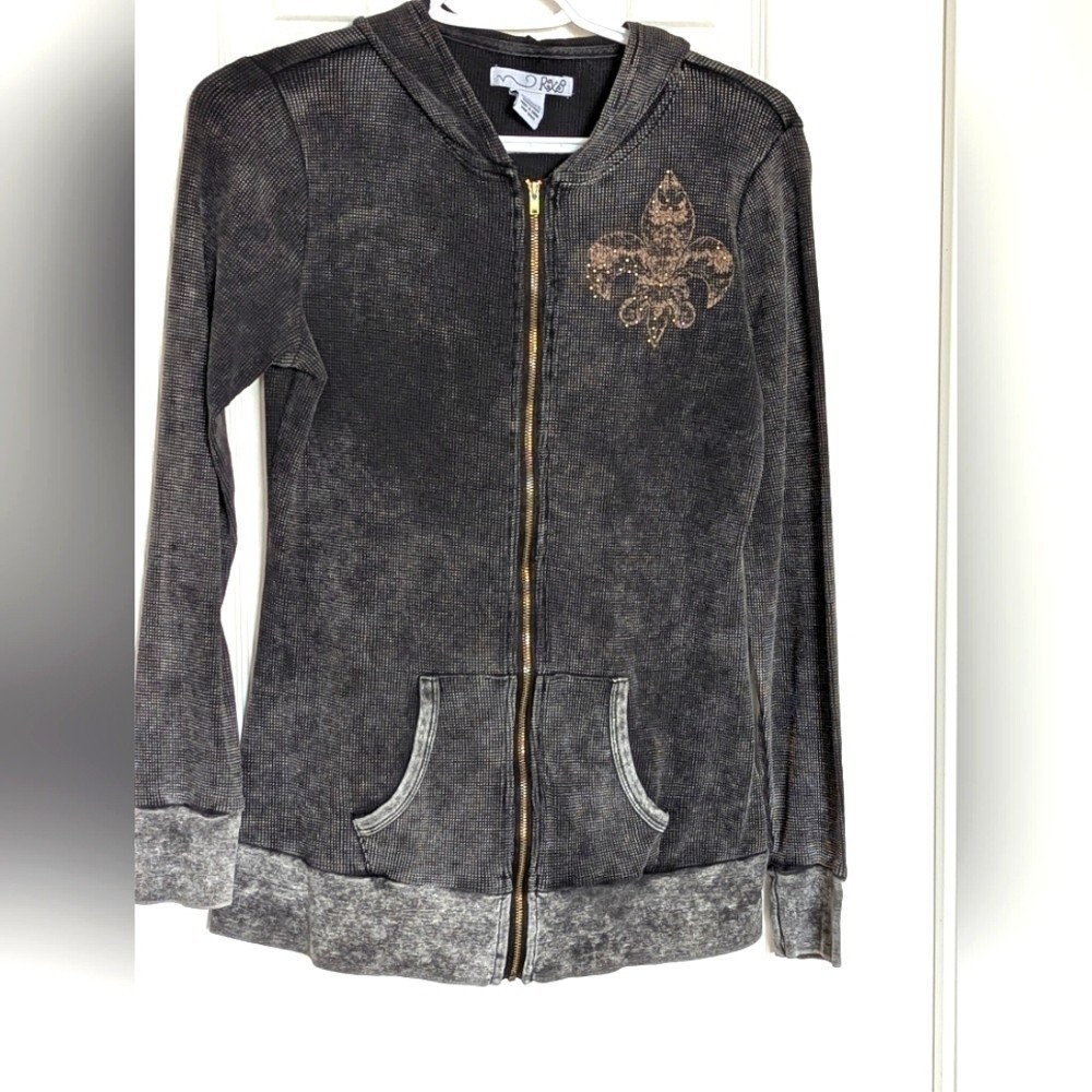 RXB Women's (Size M) Black Waffled Zip-Up Hoodie with Gold Fleur-de-Lis Graphics